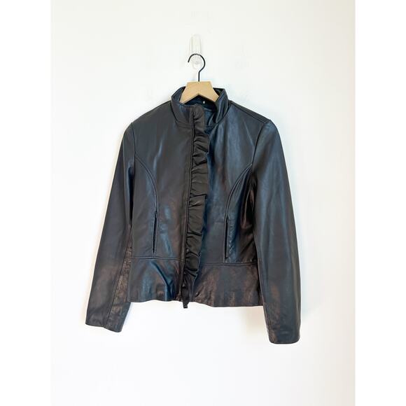 Tahari Leather Jacket Ruffle Zip Detail Size Small - Picture 1 of 4